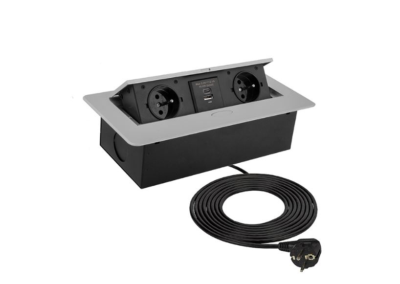 Design Light výklopná zásuvka BOX 2x 230V a 2x USB nabíječka s 3 m kabelem hliník