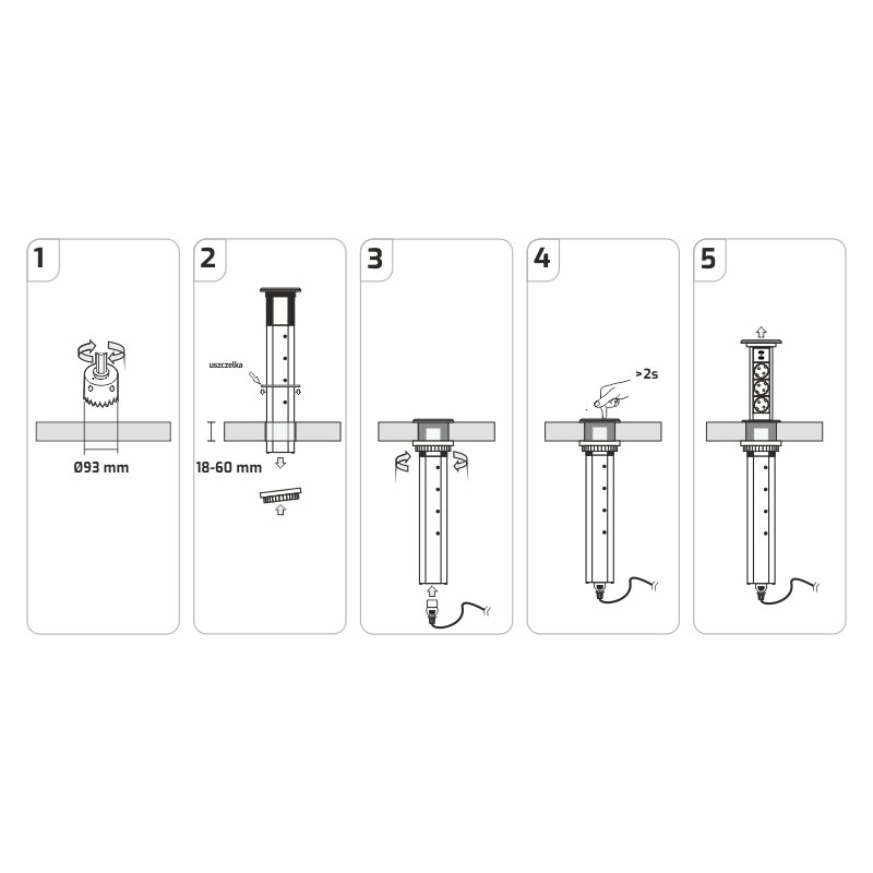 Design Light výsuvný automatický zásuvkový sloupek LIFT BOX 3x230V + 2xUSB,indukce,černá