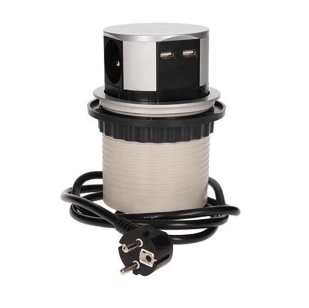 ORNO zásuvka elektro stolová výsuvná nízká 100mm- 3x zásuvka + 2x USB + kabel nerez