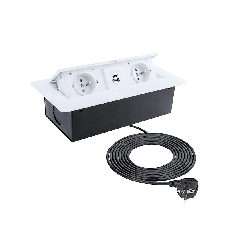 Design Light výklopná zásuvka BOX 2x 230V a 2x USB A/C nabíječka s 3m kabelem bílá