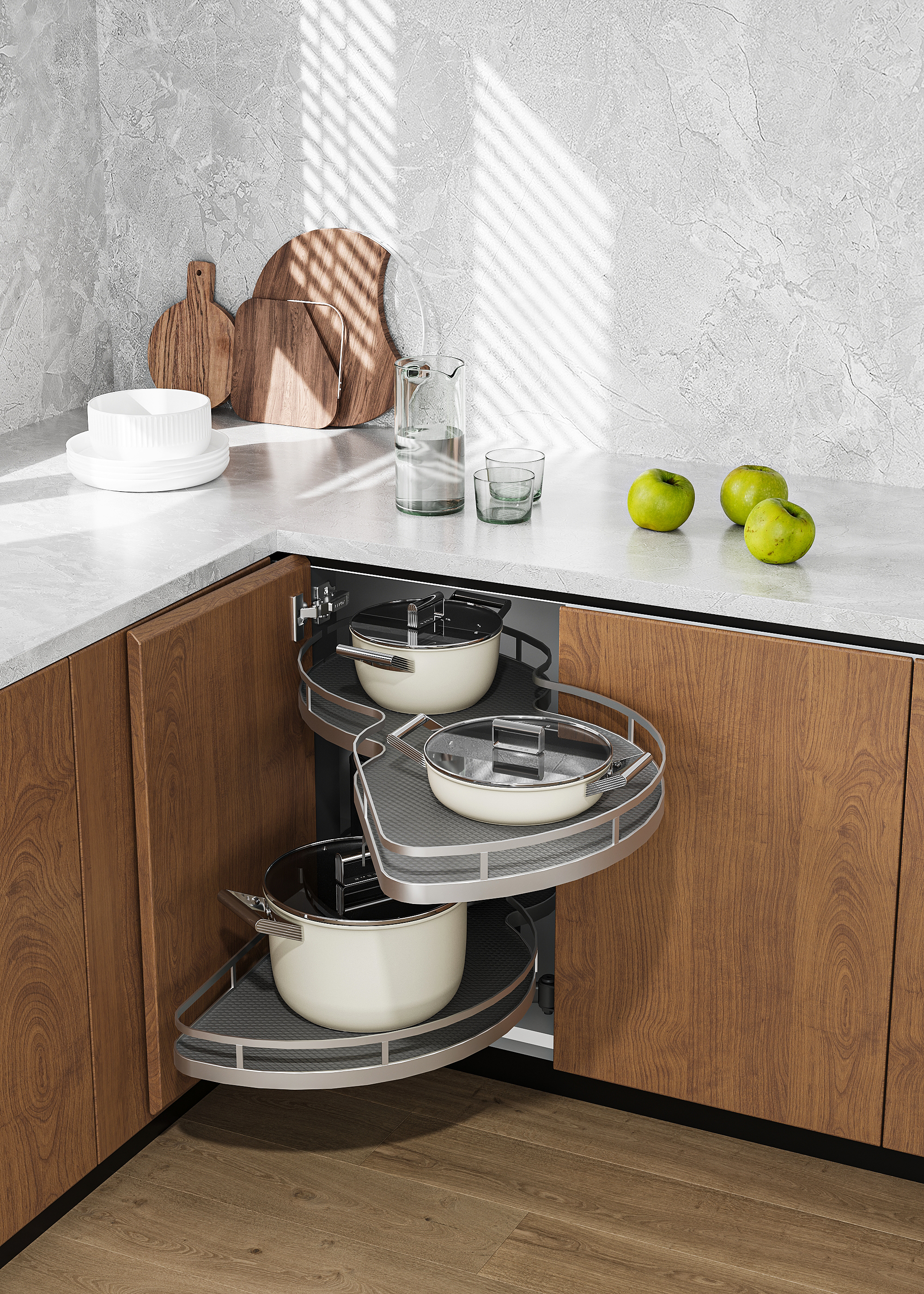 Cemux Corner Style rohová police s tlumením 900 mm chrom/šedé dno levá