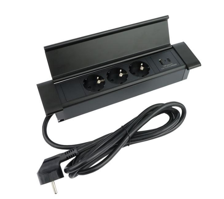 Design Light otevírací zásuvka FLATBOX 3x 230V a 2x USB A/C nabíječka černá 
