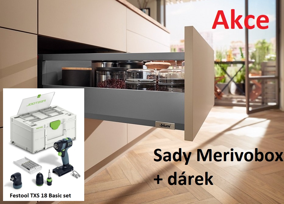 AKCE Blum MERIVOBOX 8xM+12xE/500 orion šedá+1x FESTOOL TXS 18 Aku šroubovák 