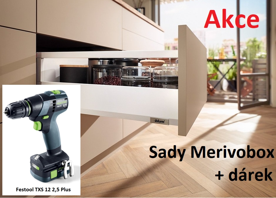 AKCE Blum MERIVOBOX 8xM+12xE/500 bílá+1x FESTOOL TXS 12 Aku šroubovák 