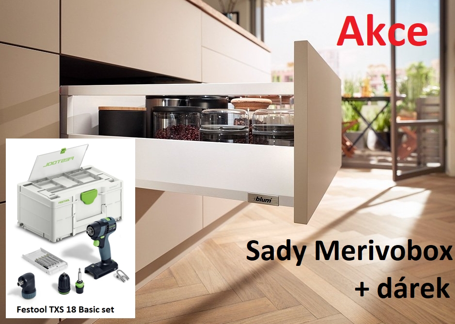 AKCE Blum MERIVOBOX 8xM+12xE/500 bílá+1x FESTOOL TXS 18 Aku šroubovák 