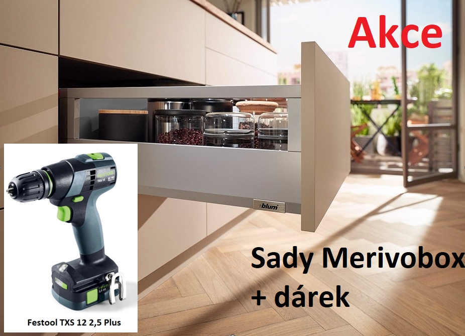 AKCE Blum MERIVOBOX 8xM+12xE/500 šedá+1x FESTOOL TXS 12 Aku šroubovák 