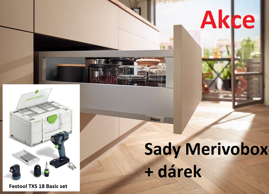 AKCE Blum MERIVOBOX 8xM+12xE/500 šedá+1x FESTOOL TXS 18 Aku šroubovák 