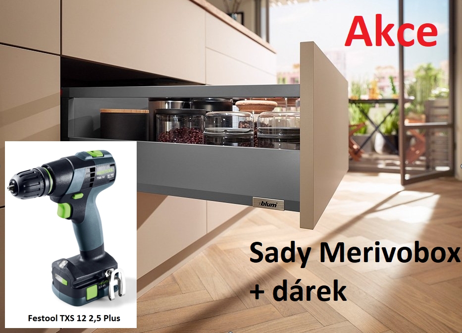 AKCE Blum MERIVOBOX 8xM+12xE/500 orion šedá+1x FESTOOL TXS 12 Aku šroubovák 