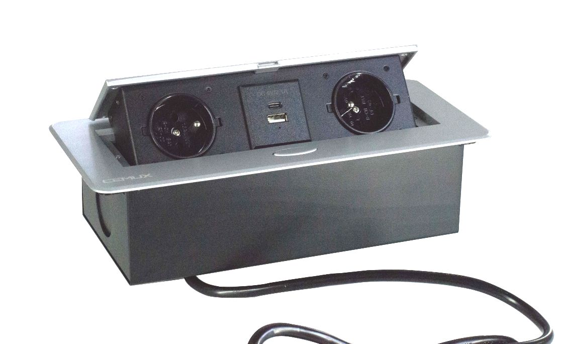 Výklopná zásuvka LIFTBOX 2x230V a 2xUSBA/C nabíječka hliník