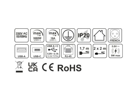 Design Light MULTI BOX výsuvná zásuvka 4x230V, 2xUSB A/C+ 2x RJ45,indukce,černá