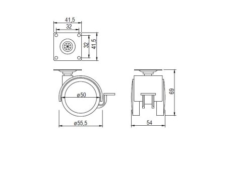 Kolečko průměr 50 mm s plotnou, gumou a brzdou