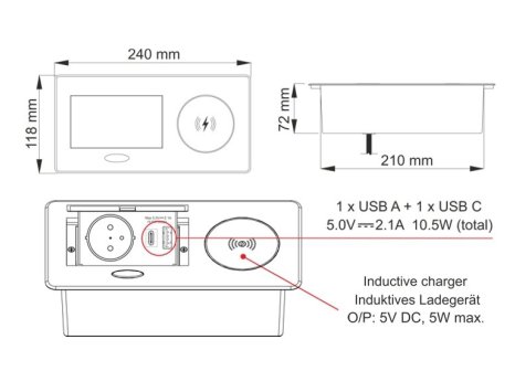 Design Light ZEOBOX výklopná zásuvka 1 x 230V, 2 x USB A/C,indukce,černá