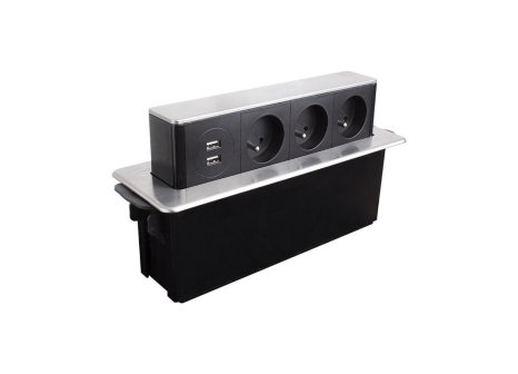 Design Light HOPBOX výsuvná zásuvka 3 x 230V a 2 x USB nerez broušená + kabel 2 m