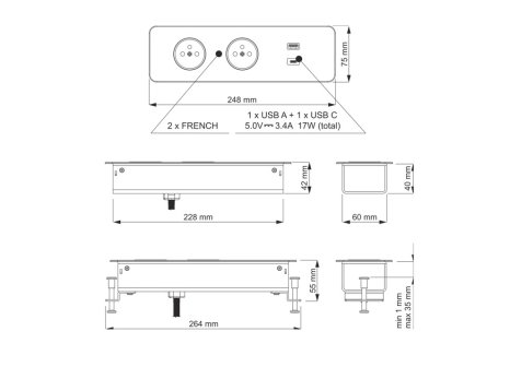 Design Light nábytková zásuvka TAOBOX 2x230V a 2x USB A/C nabíječka, černá
