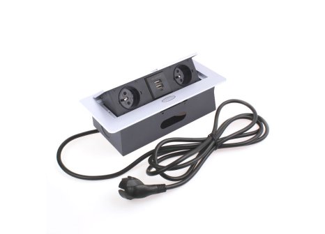 Design Light výklopná zásuvka BOX 2x 230V a 2x USB nabíječka s 3 m kabelem hliník