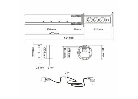 Design Light elektricky výsuvná zásuvk BOX 3x230V + 2xUSB,indukce, hliník