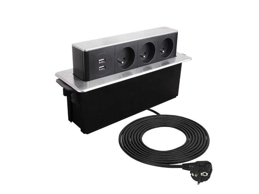 Design Light HOPBOX výsuvná zásuvka 3 x 230V a 2 x USB nerez broušená + kabel 2 m