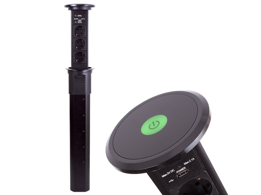 Design Light elektricky výsuvná zásuvka BOX 3x230V + 2xUSB,indukce,černá