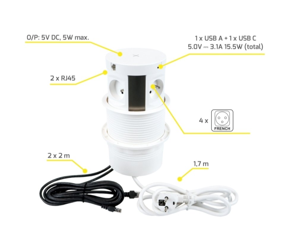 Design Light MULTI BOX výsuvná zásuvka 4x230V, 2xUSB A/C+ 2x RJ45,indukce,bílá