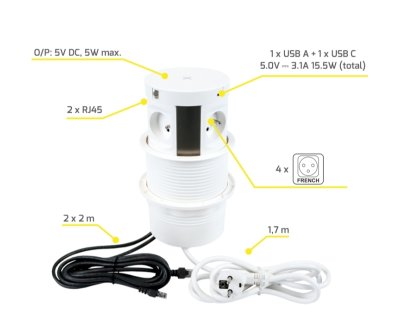 Design Light MULTI BOX výsuvná zásuvka 4x230V, 2xUSB A/C+ 2x RJ45,indukce,bílá