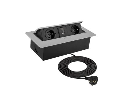 Design Light výklopná zásuvka BOX 2x 230V a 2x USB nabíječka s 3 m kabelem hliník
