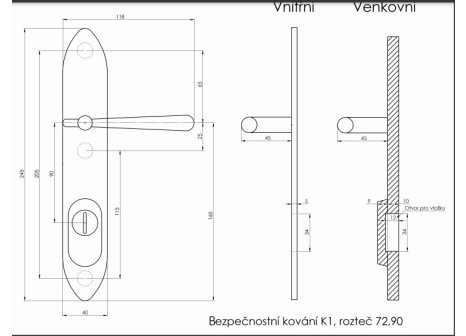 Casual bezpečnostní kování K1 klika/koule surová mosaz