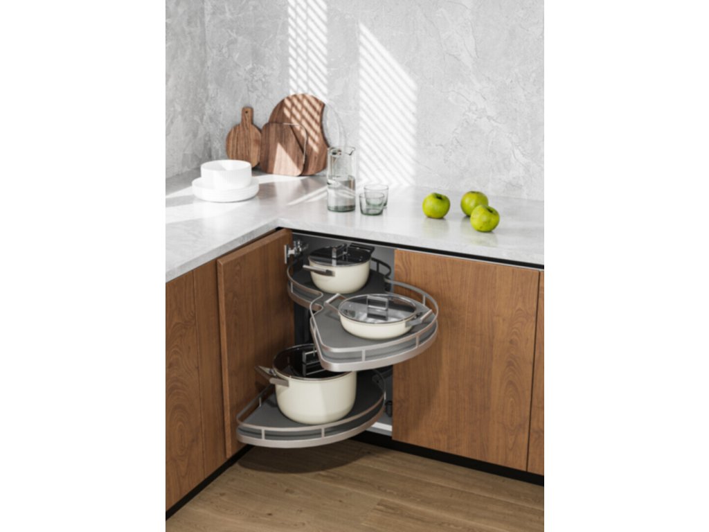 Cemux Corner Style rohová police s tlumením 900 mm chrom/šedé dno pravá