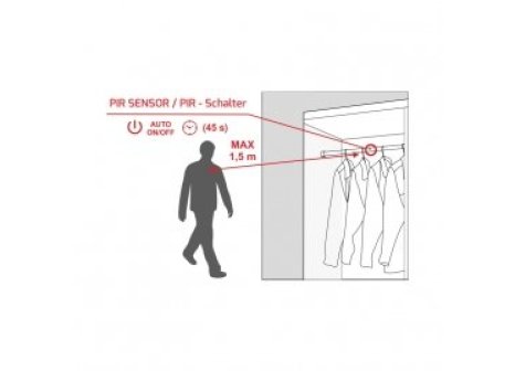 Šatní tyč s LED osvětlením čidlo PIR přívod zleva hliník