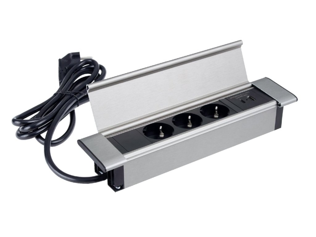 Design Light otevírací zásuvka FLATBOX 3x 230V a 2x USB A/C nabíječka nerez broušená