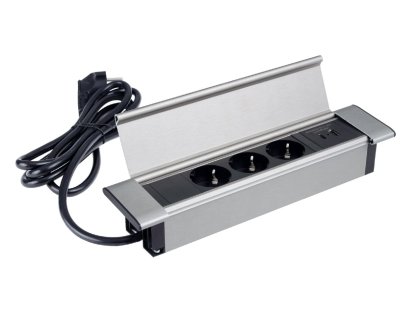 Design Light otevírací zásuvka FLATBOX 3x 230V a 2x USB A/C nabíječka nerez broušená