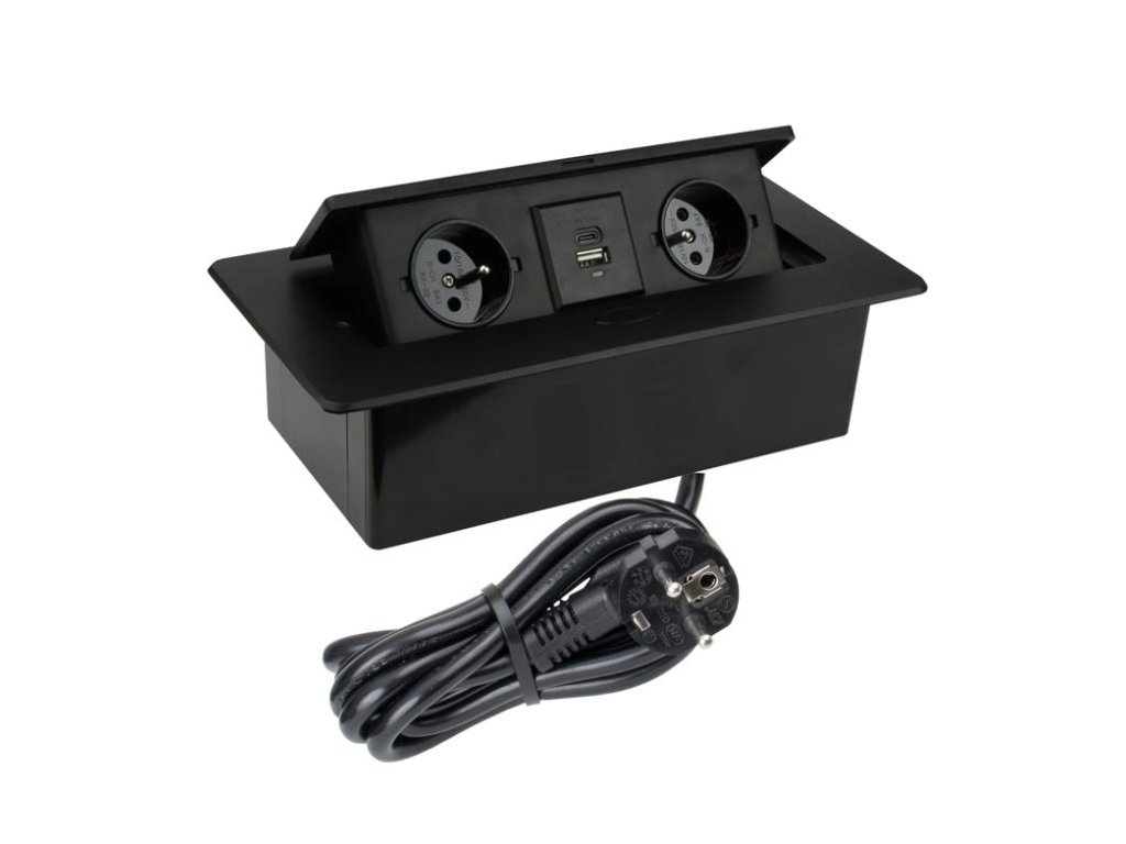 Design Light výklopná zásuvka BOX 2x 230V a 2x USB A/C nabíječka s 3m kabelem černá