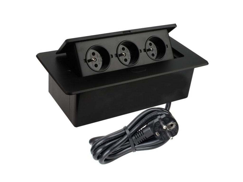 Design Light výklopná zásuvka BOX 3x 230V s 1,5 m kabelem černá