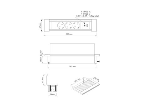 Design Light otevírací zásuvka FLATBOX 3x 230V a 2x USB A/C nabíječka černá