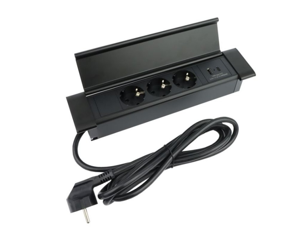 Design Light otevírací zásuvka FLATBOX 3x 230V a 2x USB A/C nabíječka černá